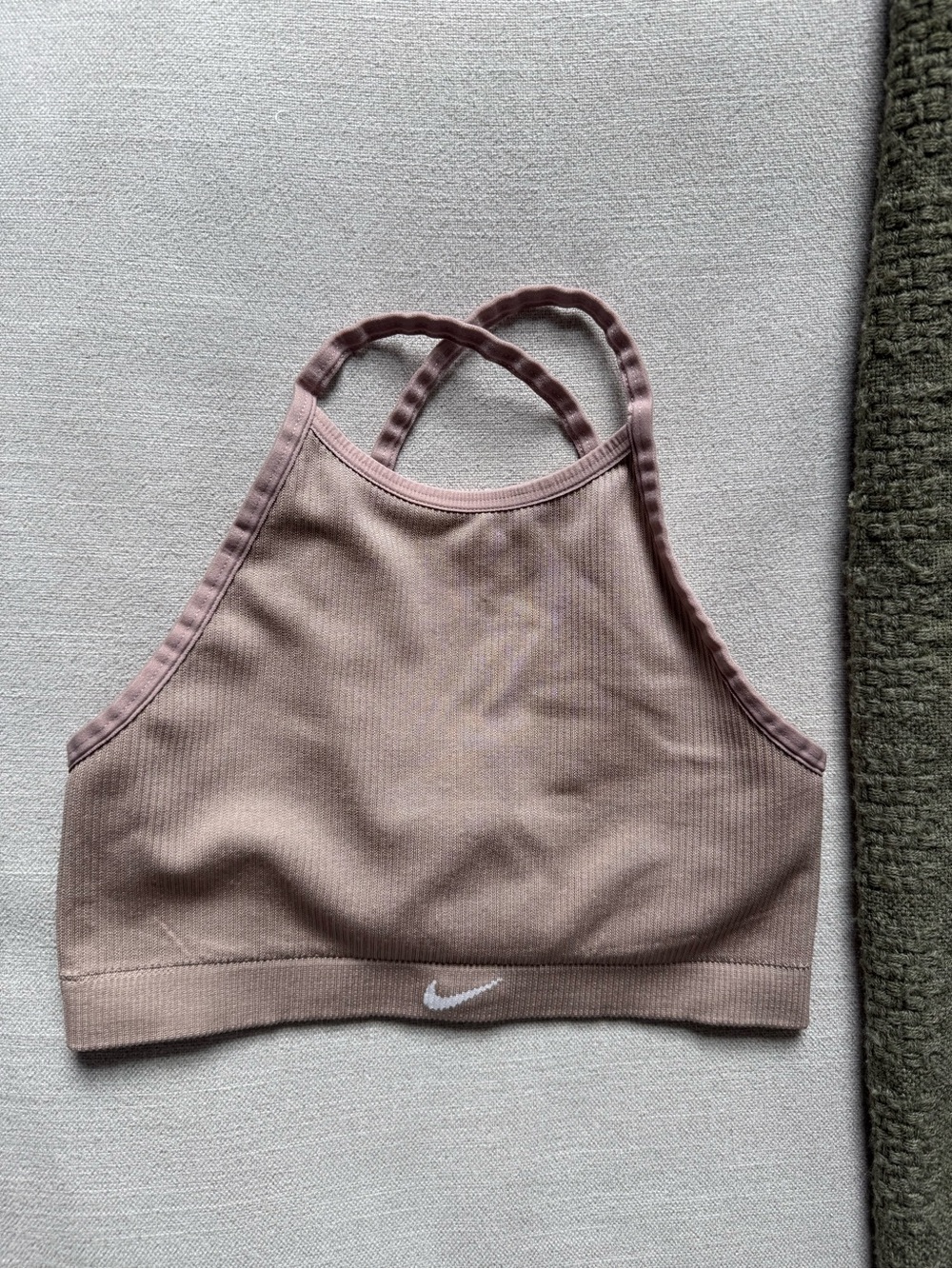 Nike Ribbed Cross-Back Sports Bralette in Dusty Rose